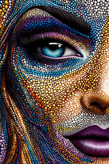 A woman's face is made up of many small dots, creating a colorful and intricate design. The eye is blue and the lips are purple, giving the face a bold and vibrant appearance