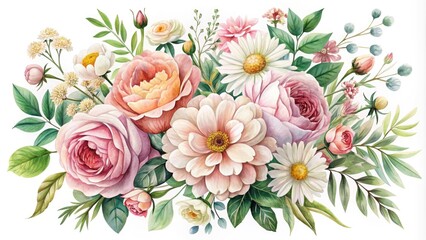  Delicate, hand-drawn bouquet of colorful mixed flowers, including roses, peonies, and daisies, adorned with lush greenery and softly illustrated elements, set against a white background.