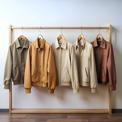 A stylish and minimalist image of five jackets hanging on a wooden rack. showcasing a diverse range of colors and textures.