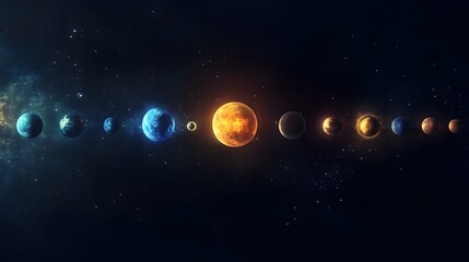 planetary alignment: the planets of the solar system aligned in a straight line, each one glowing wi