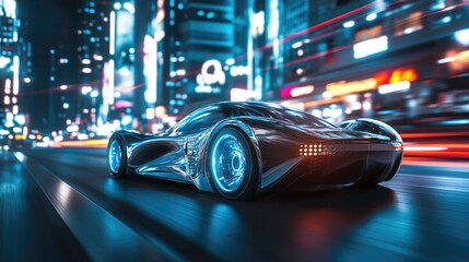 Futuristic car on city street at night