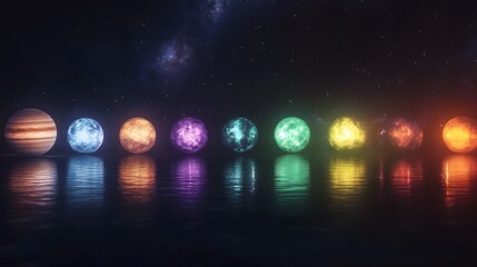 Wall Mural - planetary alignment: the planets of the solar system aligned in a straight line, each one glowing wi