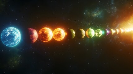 Wall Mural - planetary alignment: the planets of the solar system aligned in a straight line, each one glowing wi