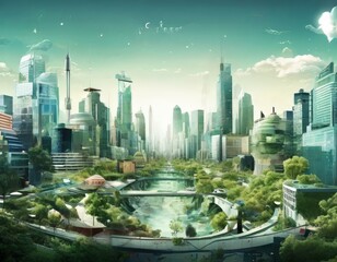 Wall Mural - futuristic city with bridge and river