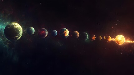 Wall Mural - planetary alignment: the planets of the solar system aligned in a straight line, each one glowing wi