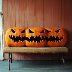 Wall Mural - Three carved pumpkins with menacing faces on a rustic bench