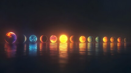 Wall Mural - planetary alignment: the planets of the solar system aligned in a straight line, each one glowing wi