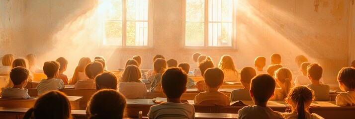 Poster - Many students sit attentively in a cramped classroom, bathed in sunlight, with outdated materials and limited school supplies. Generative AI