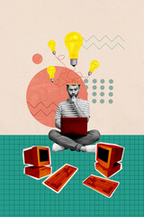 Trend artwork composite sketch photo collage of computer monitor retro keypad man work laptop smart idea lamp clever guy decision solution