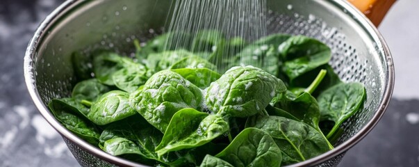 Fresh spinach leaves being washed in a colander, brainboosting greens, healthy cooking preparation