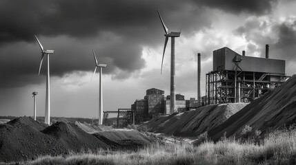 Poster - Wind turbines rise above former coal mines and abandoned factories, showcasing a shift toward sustainable energy and environmental restoration. Generative AI
