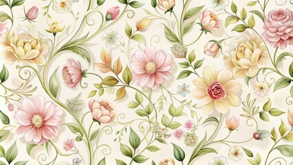  Delicate petal details and soft pastel hues combine in a stunning floral pattern, featuring blooming flowers, curly vines, and intricate illustrations on a cream background.