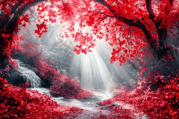 A magical autumn beech forest with lots of red leaves and a bridge over a small mountain creek.