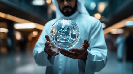 Poster - A person in traditional Middle Eastern attire is holding a glowing transparent sphere with circuit patterns and lights in a modern indoor setting.