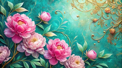 Wall Mural - delicate pink peonies bloom against a vibrant turquoise ombre background, surrounded by intricate go
