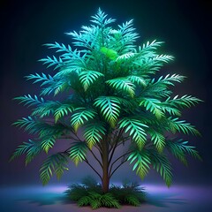 A vibrant 3D illustration of a hemlock tree bathed in neon green and blue light.