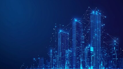 A futuristic city skyline illuminated by blue lights, showcasing digital connectivity and advanced architecture at night