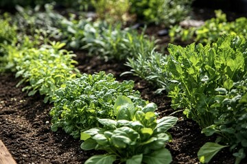 Wall Mural - Rows of fresh organic vegetables growing on fertile soil in a traditional garden, representing healthy lifestyle and homegrown food