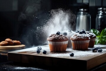 Wall Mural - a sprinkle of sweetness: blueberry muffins dusted with powdered sugar