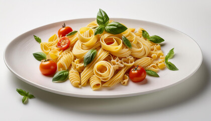  traditional prepared italian pasta with various,white plate on a white background