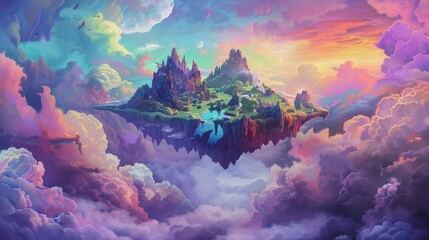 A painting of a cloud island with a mountain in the middle