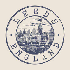 Sticker - Leeds, England Stamp City Postmark. Silhouette Postal Passport. Round Vector Icon. Vintage Postage Design.	