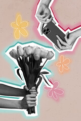 Sticker - Poster banner collage image of person hold bouquet making photo on cellphone