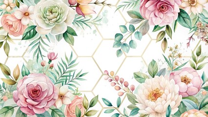  Delicate watercolor floral blooms in soft pastel hues arranged within a stylish geometric template, adding a touch of elegance to any design or layout.