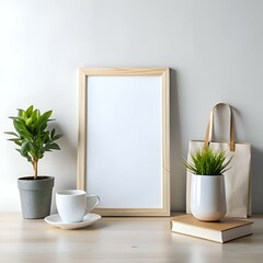 Sticker - A minimalist workspace scene with a blank frame. a coffee cup. potted plants. and a book.