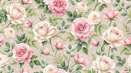  Delicate, whimsical rose pattern repeats seamlessly in soft pink and white hues, creating a romantic, vintage-inspired design suitable for textiles, wallpapers, and craft projects.