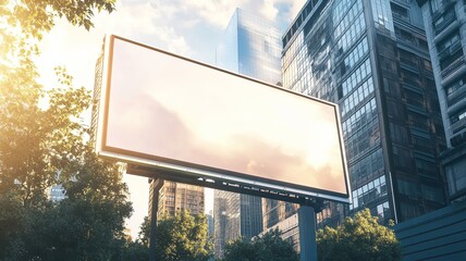 In an urban setting, a large horizontal billboard awaits advertising content, positioned in front of a building to catch the city's eye