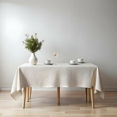 A simple yet elegant dining table setting with a white tablecloth. wooden legs. a vase of greenery. and two sets of cups and saucers.