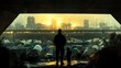 © Thanakan - Silhouetted figures observing a tent city at sunset under a bridge, with an urban skyline in the background.