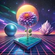 © Ehtisham - A vibrant 3D illustration of a blooming chrysanthemum on a retro futuristic platform. set against a starry night sky with a glowing moon.