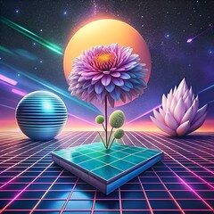 a vibrant 3d illustration of a blooming chrysanthemum on a retro futuristic platform. set against a 