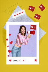 Canvas Print - Vertical photo collage of happy girl scream megaphone like reaction inside instagram post social network isolated on painted background