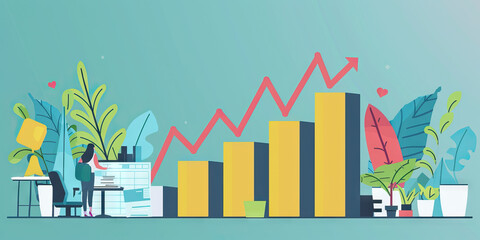 Wall Mural - A bar graph illustrating the rise and fall of profits in a successful tech startup, accented with the company's signature color.