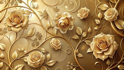 Canvas Print - Elegant rose blooms and intricately curved vines dance across a luxurious gold background, creating a sumptuous and sophisticated floral pattern perfect for upscale designs.