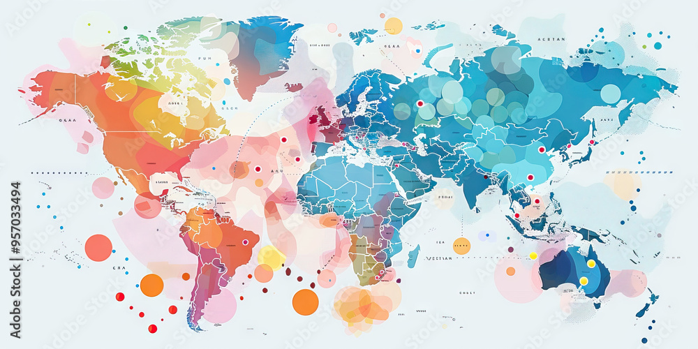 A map of the world with key economic indicators marked by color-coded ...
