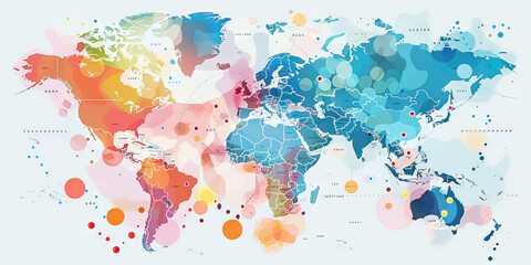 Wall Mural - A map of the world with key economic indicators marked by color-coded dots, demonstrating the global reach of a multinational corporation.