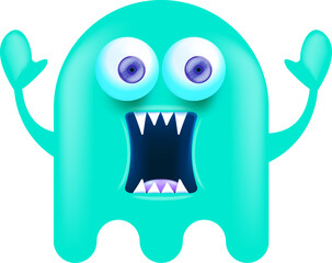 Wall Mural - Funny very cute smiling cyan ghost monster isolated on white background. Comic Funky blue Ghost cartoon character and cute emoji. Halloween spirit element.