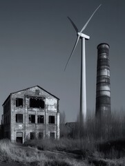 Aufkleber - Wind turbines stand tall next to derelict factories, symbolizing the transition from coal mining to sustainable energy solutions. Generative AI