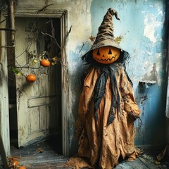 Wall Mural - Halloween decor featuring a scarecrow with a pumpkin head in an old room