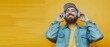 © Ai Studio - A man exudes joy as he listens to music, smiling broadly and wearing a denim jacket and headphones, set against a cheerful yellow background.