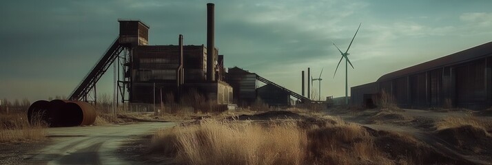 Poster - Closed coal mines and old factories are juxtaposed with wind turbines, illustrating the shift towards sustainable energy sources. Generative AI