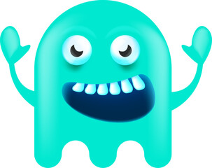 Wall Mural - Funny very cute smiling cyan ghost monster isolated on white background. Comic Funky blue Ghost cartoon character and cute emoji. Halloween spirit element.