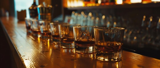 Aufkleber - A row of whiskey glasses filled with amber liquid, artfully arranged on a wooden bar counter, reflecting the warm glow of ambient light.
