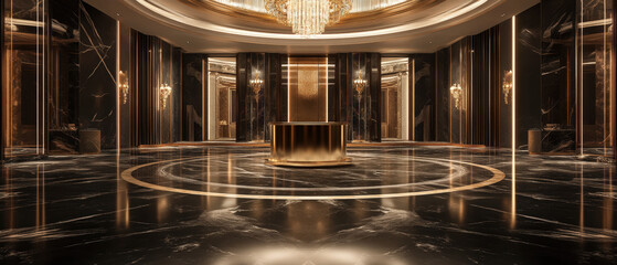 Wall Mural - 3D podium in a luxury hotel lobby with marble floors and chandeliers