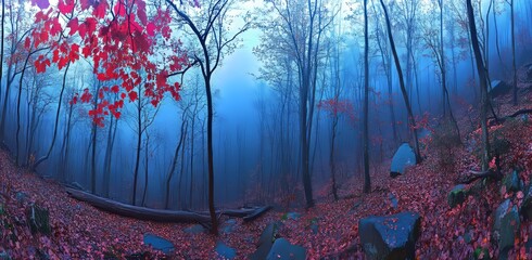 Poster - The picturesque beauty of a forest at dusk of a foggy autumn day. Fairy-tale forest trees with golden yellow leaves. Panoramic view.