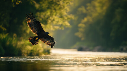 Canvas Print - Hawk in Flight Over a River at Sunset